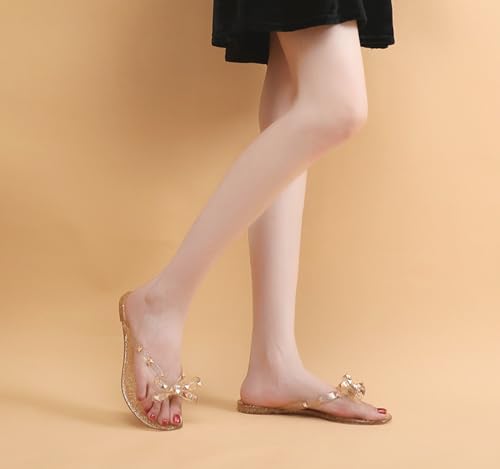 Image of Studded Jelly Shoes for Womens Bow Flip Flops Jellies Sandals Flat Black Summer Beach Thong with Rivets Strappy Slides Slip On