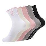 scenicamp 5-Pack Women‘s Cute Pilates Socks with Grips | Non-Slip Ruffle Yoga Socks | Soft, Breathable Cotton Grippy Crew Socks for Women & Girls | Yoga, Barre, Ballet, Home Workouts (Light Colour)