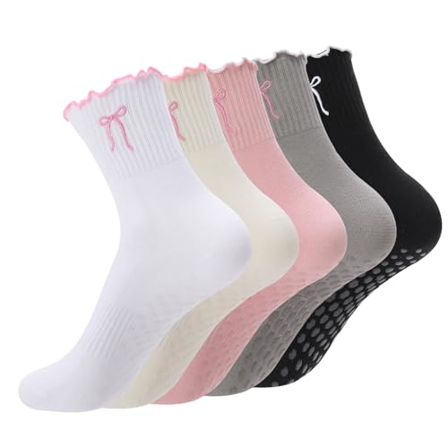 scenicamp 5-Pack Women‘s Cute Pilates Socks with Grips | Non-Slip Ruffle Yoga Socks | Soft, Breathable Cotton Grippy Crew Socks for Women & Girls | Yoga, Barre, Ballet, Home Workouts (Light Colour)