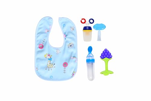 The Little Bunny Baby Fruit Feeder Pacifier (1 Pcs) | 90ML Silicone Spoon Bottle (1 Pcs) | Fruit Teether (1 Pcs) | Silicon Finger Brush (1 Pcs) | Baby bib (1 Pcs) (Blue)
