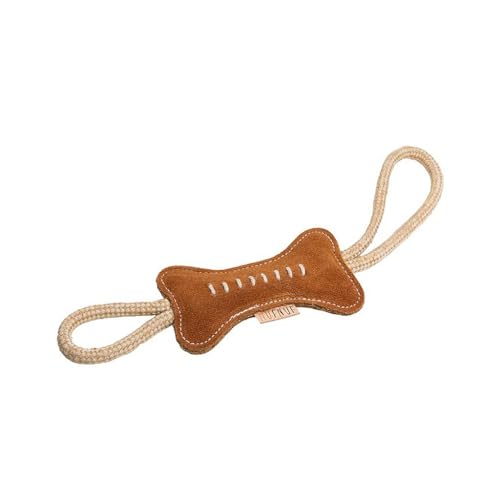 Nufnuf Hundespielzeug Leder Knochen | Nachhaltiges Wildleder Spielzeug für kleine Hunde & Welpen | Robustes Echtleder mit Tau Seil | Handgefertigt ohne Quietschie