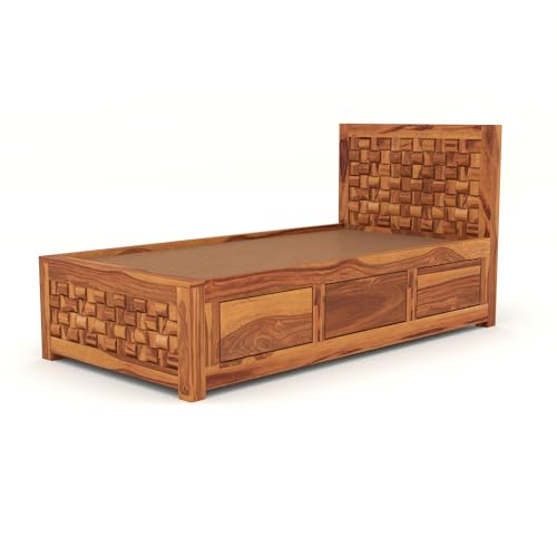 Image of Solid Sheesham Wood Single Size Bed with Box Storage for Bedroom Living Room Single Cot for Home Wooden Palang for Hotel (Honey, Size 6 * 3)