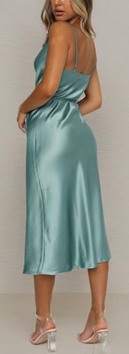 Image of Tsher Women's Sleeveless Spaghetti Strap Satin Wedding Guest Party Dress Cowl Neck Backless Midi Formal Dresses
