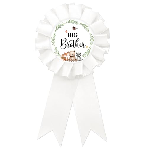 Woodland Animal Big Brother Tinplate Badge Pin, Neutral Brother to Be Pin, Woodland Happy Birthday Button for Boy, White Rosette Birthday Boy Award Ribbon, Adventure Awaits Baby Shower Party Favors