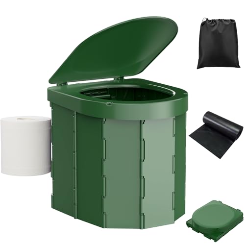 WADEO Toilettes de Camping Portables, Toilettes Pliantes pour Adultes, Toilettes de Camping Mobile avec Couvercle et Porte-Papier Toilette, pour Camping, Voyages, Embouteillages (Vert Foncé)