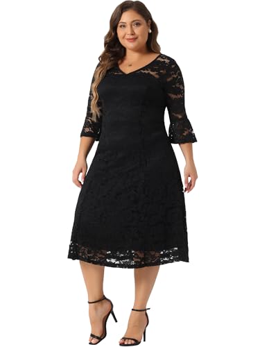 Image of Agnes Orinda Plus Size Women's Lace Wedding Dress V-Neck 3 /4 Sleeve Midi Swing Evening Bridesmaid Dresses