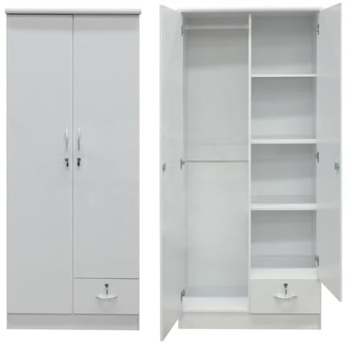 ABX HOME Riley 2 Door Wooden Wardrobe With One Lockable Drawer (Without Assembly White)