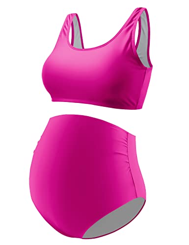 Debelly Maternity Swimsuit Two Piece Bathing Suit Classic Sport Swim Top High Waisted Bottom Ruched Solid Monokini Swimwear Pregnancy Tankini Sets,Hot Pink,L #TOP18