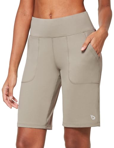Baleaf Women'S Bermuda Long Shorts 10' Knee Length High Rise Athletic Shorts Pull On Workout Walking Golf Running Summer Khaki Xl