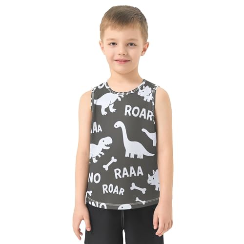 JUNZAN White Dinosaur Black Tank Top for Children Sleeveless Summer Vest Tee Loose Comfy Clothes for Surfing Vacation Swim 3T2
