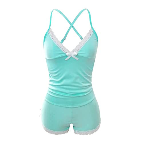 RTRDE Women's Sexy Pajamas & Lingerie Set - Wireless Bra, Underwear, Panties & Shirt in Solid Color Lace - Boudoir Shoot Ready - Pink (S, Cyan) - Image 2