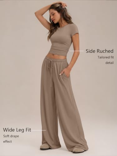 Image of Trendy Queen Women's 2 Piece Matching Summer Lounge Set with Pockets | Vacation Airport Travel Outfits, Workout Gym Clothing Comfy Athleisure Clothes, Side-ruched Top, Drawstring Wide Leg Pants