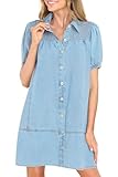 KDF Summer Denim Dresses for Women 2024 Babydoll Shirt Blue Jean Dress for Women Button Up Dress Light Blue Size Medium