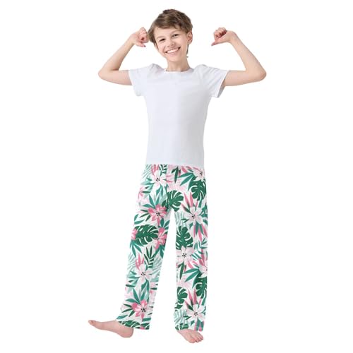 ZZXXB Hibiscus Flowers and Leaves Boys Long Pants Soft Trousers Elastic Waist Kids Lounge Bottoms with Pockets S-XL2