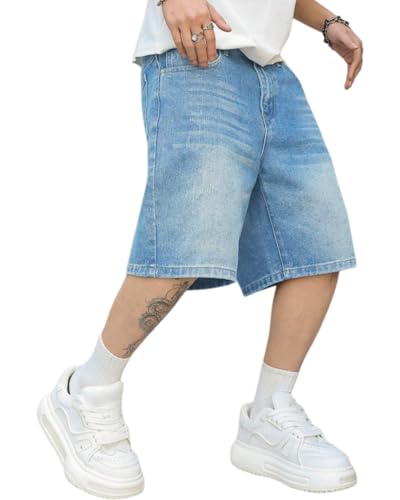 LuminBlaze Mens Baggy Jean Shorts Loose Fit Vintage Wide Leg Jorts Y2K Streetwear Hip Hop Casual Long Denim Shorts