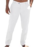 LVCBL Pantalon Lin Homme Été Loose Fit Décontracté Blanc M