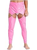 Riismen Herren Wetlook Hose Glänzende Tights Mit Strumpfhose Slim Fit Leggings mit 4 Clips Männer Sissy Crossdresser Kostüm Rosa XXL