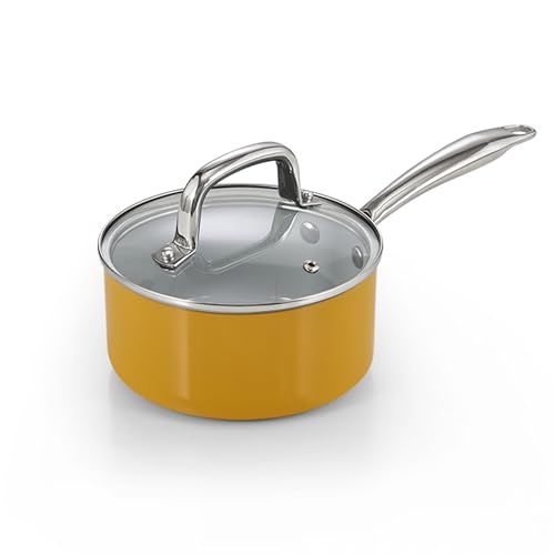 Cook N Home Classic 1.5 Quart Ceramic Nonstick Saucepan with Glass Lid, Everyday Milk Soup Oatmeal Cooking Pan, Non Stick Small Sauce Pan Pot, Stay-Cool Handle, Induction Ready, Yellow