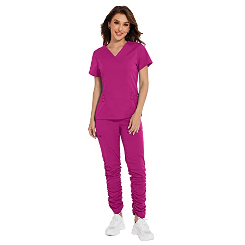 niaahinn Classic Scrub Set for Women - V-Neck Scrub Top & Stylish Scrub Pants with Multi Pocket (Hot Pink,L,Large)