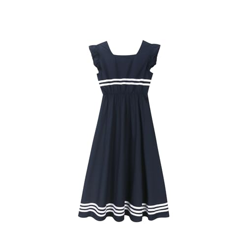 LittleSpring Girls Nautical Dress with Ruffle Sleeve Sleeveless Uniform Dresses 7-16 Years3