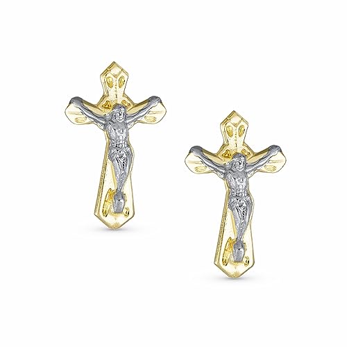 Tiny Minimalist Christian Religious Ichthus Jesus Fish or Black Gold Crucifix Cross Real Two Tone Yellow 14K Gold Stud Earring For Women Teen Safety Screw Back2