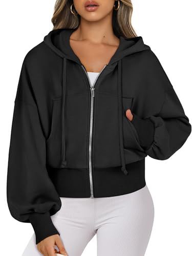 ANRABESS Womens Zip Up Hoodies Cropped Sweatshirts Casual Comfy Cute Zip Jackets Fashion Trendy Fall Outfits 2026 Y2K Clothes Black Medium