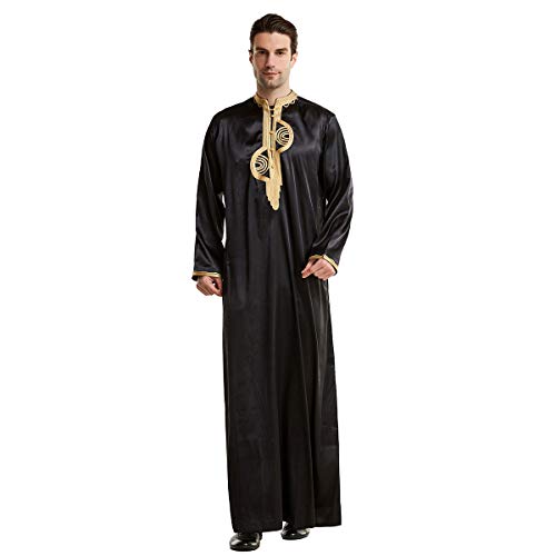 Chilaba Hombre - Kaftan Hombre Negro con Adornos Dorados - Camisetas Manga Larga Hombre - Caftan Hombre Refinado y Elegante - L