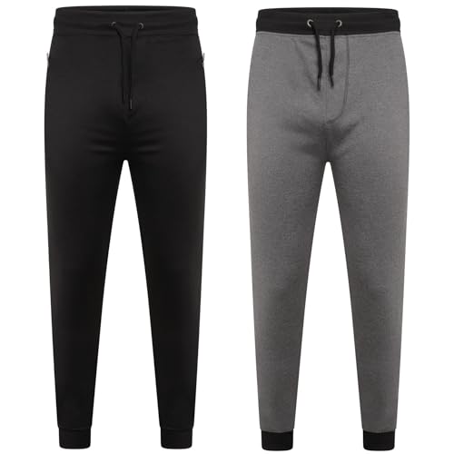 Keanu 2 Pack Mens Tricot Joggers - Sportstyle Jogging Bottoms with Brushed Fleece Lining - Lounge Pants Gym Joggers Tracksuit Bottoms with Pockets - Mens Sizes S - 2XL (Black/Grey Pack, Large)
