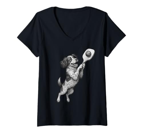 Mujer Brittany Spaniel Jugar Pickleball Deportes Perros Amante Camiseta Cuello V