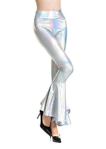Shiny Metallic Skinny Flare Bell Bottom Pants For Women, Wet Look Mermaid Stretchy High Waisted Leather Disco Pants (Multicolor, S) #TOP2
