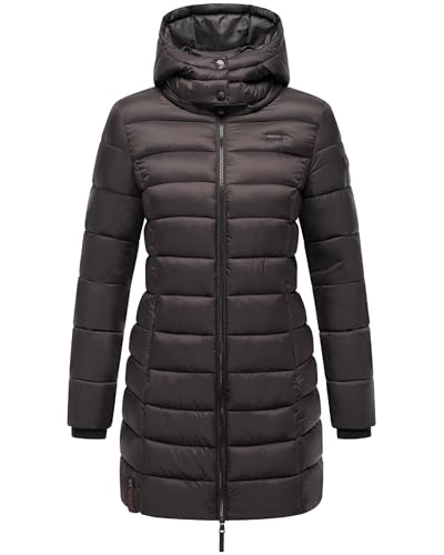 MARIKOO Damen langer Wintermantel warmer Steppmantel mit abnehmbarer Kapuze Abendsternchen Choco Gr. XL