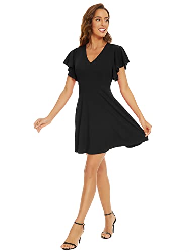 Fancyinn Women’s Cute Flutter Sleeve Short Dress V Neck A Line Stretchy Swing Skater Mini Party Juniors Dresses Black Xl #TOP2