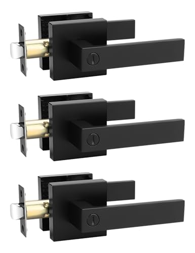 Image of Tinewa 3 Pack Square Privacy Door Levers Locksets in Matte Black Finish, Bed /Bath Door Levers Keyless Interior Handles,Reversible for Left Right Handed Doors