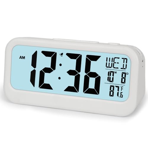 FAMICOZY Digital Alarm Clock with Calendar Indoor Temperature,Adjustable Snooze,Crescendo Alarm,Manual DST,Light on Demand,No Ticking for Bedside Travel,White