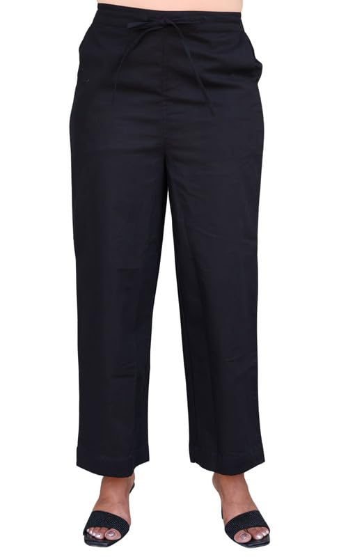 Slub Cotton Black Solid Festival Wear Trousers for Women-image-49