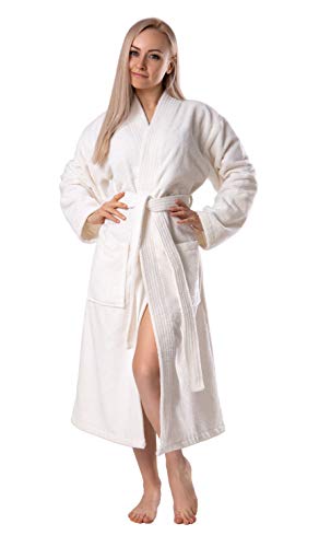 Women's Robe, Turkish Cotton Terry Cloth - Fleece Blended Kimono Bathrobe (Ivory, Small-Medium)