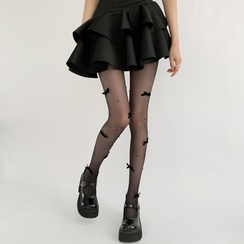 Image of Black Sheer Tights Y2K High Waist Pantyhose with Bows Patterned Stockings for Women