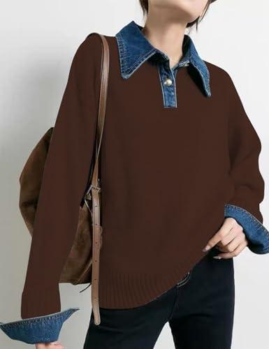 Image of Womens Denim Lapel Sweater Oversized Long Sleeve Button Down Polo Knit Pullover Sweaters 2025 Fall Outfits