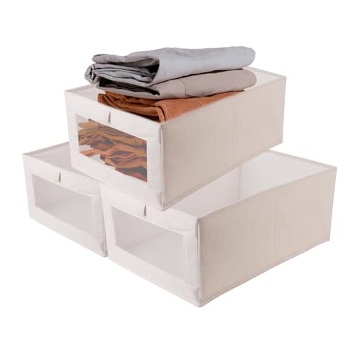 FRUHLING 3 Stück Faltbare Aufbewahrungsbox Stoff Kleiderschrank Organizer mit Griffen und Transparentem Sichtfenster für Kleidung Bücher Kosmetik Spielzeug 41 x 28 x 17 cm