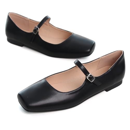Image of TN TANGNEST Leather Flats for Women Retro Mary Jane Flats | Comfortable Square Toe Slip On Flats with Buckle Strap, Soft Work Flats Office Shoes