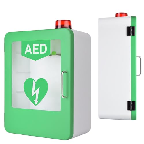 Szafka AED – schowek ścienny z alarmem i przezroczystym okienkiem, zaokrąglony narożnik i regulowana, elastyczna konstrukcja, regulacja pozycji działu, podwójny przełącznik sterowania do biura, opieki