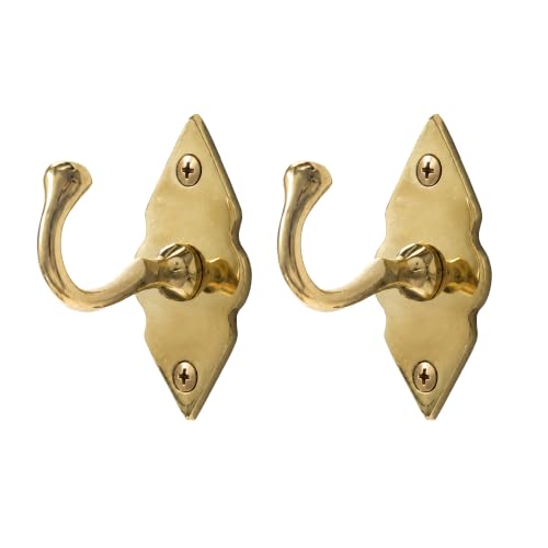 Handmade Solid Brass Wall Hooks Set of 2, Unlacquered Wall Mounted Coat Hooks, Heavy Duty Hanger for Robes and Hats, Decorative Gold Vintage Coat Hook for Entryway Bathroom Bedroom Kitchen