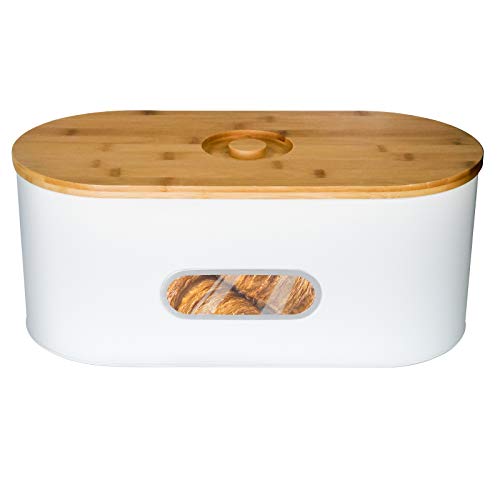 SOTECH Large Size Bread Boxes for Kitchen Counter with Bamboo Cutting Board Lid, Farmhouse Eco Rustic Bamboo Bread Bins High Capacity Space Saver for Countertop (White)