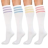 KONY Women's 4 Pairs Casual Knee High Socks Soft Stretch Cotton All Season Gift Size 6-10 (Triple Stripe White)