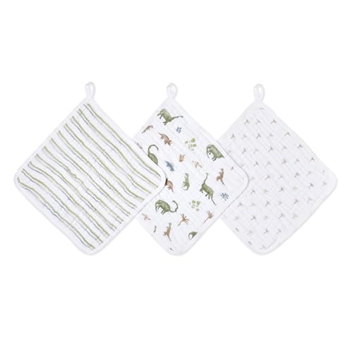 Image of aden + anais Essentials Washcloth 3-Pack, Super Soft 100% Cotton Muslin, Gentle on Skin, 3 Absorbent 11x11 Layers, Softer with Every Use, Perfect for Babies, Infants, Toddlers, Dino Jungle