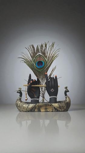Image of Krishna Hand with Flute & Peacock Feather Idol for Home Decor Gift, Office & Living Room, Peacock Showpiece with Flute, Lord Laddo Gopal Figurine Murlidhar, Kanhaiya, Makhan Chor, Diwali Decoration