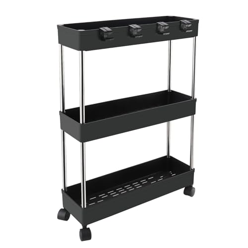 Zosenyer 3 Étagère Chariot à roulettes Rangement, Meuble Etroit de Rangement pour Bain, Cuisine, Epices, Maquillage, Stockage de Bureau, Desserte Salle de Bain 13 cm, avec 6 Crochets, Noir