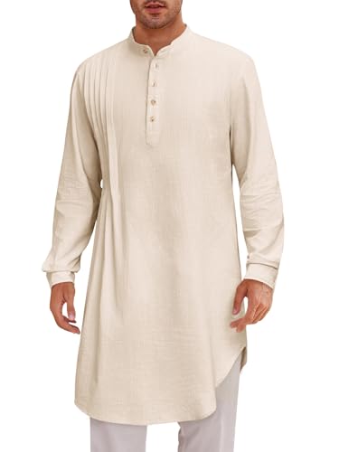 Runcati Mens Kaftan Thobe Cotton Linen Henley Shirt Long Sleeve Robe Casual Muslim Gown Kurta