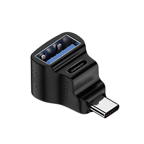 QIANRENON Adapter kątowy 90° USB C 1 w 2 USB C 3.1 męski na USB C 3.1 + USB 2.0 podwójne żeńskie złącze kątowe 20 Gb/s/100 W ekran ładowania/projekcji, do telefonu, laptopa, tabletu Steam Deck Switch