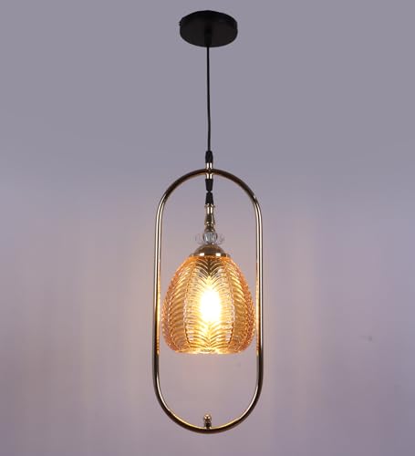 Image of ELIANTE Modern Glass Hanging Light for Living Room & Dining Area | Metal Ceiling Lamp with Elegant Glass Shade | 3 Years Warranty | Free Bulb (Amberic)